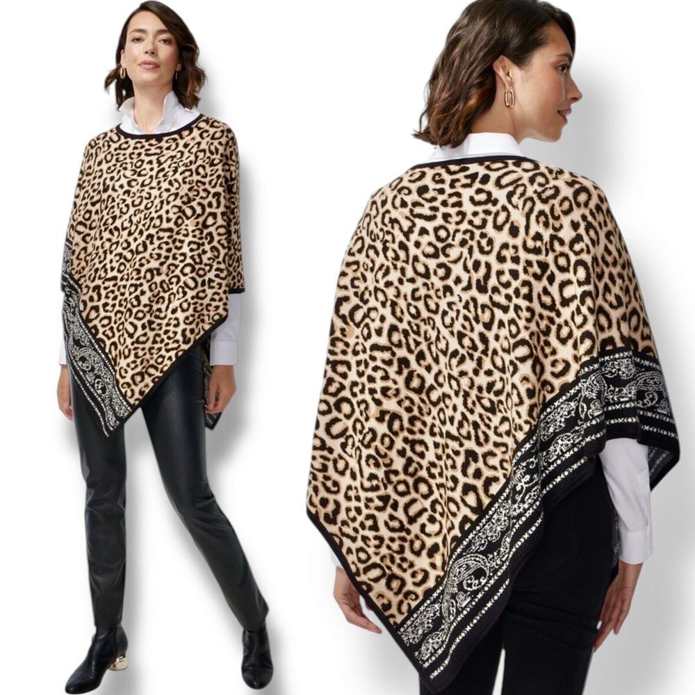 Chico's Leopard Print Sweater Poncho Size L/XL Black Brown Paisley Knit Boho EUC